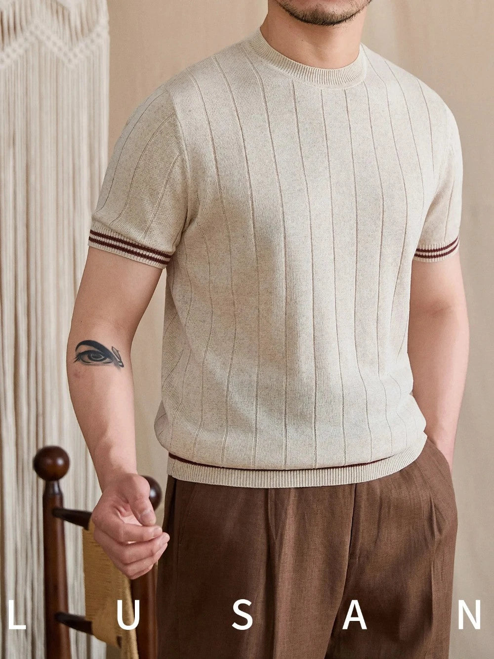 Men Round-neck Short-sleeved Knitted Summer T-shirt Slim-fit Breathable Lyocell