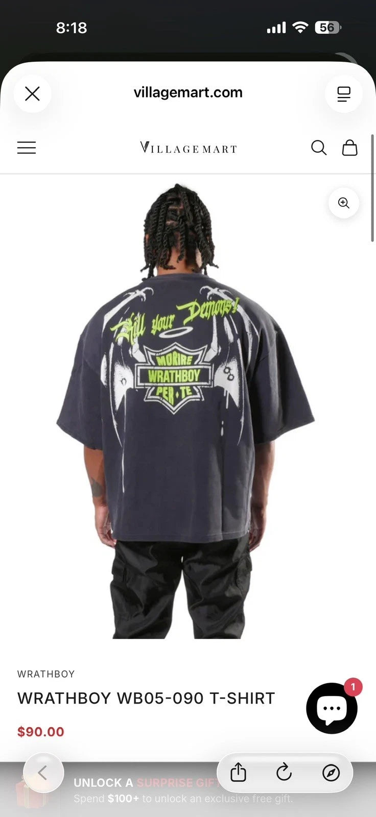Wrathboy Men’s Black Tee WRATHBOY WB05-090 T-SHIRT oversized Large