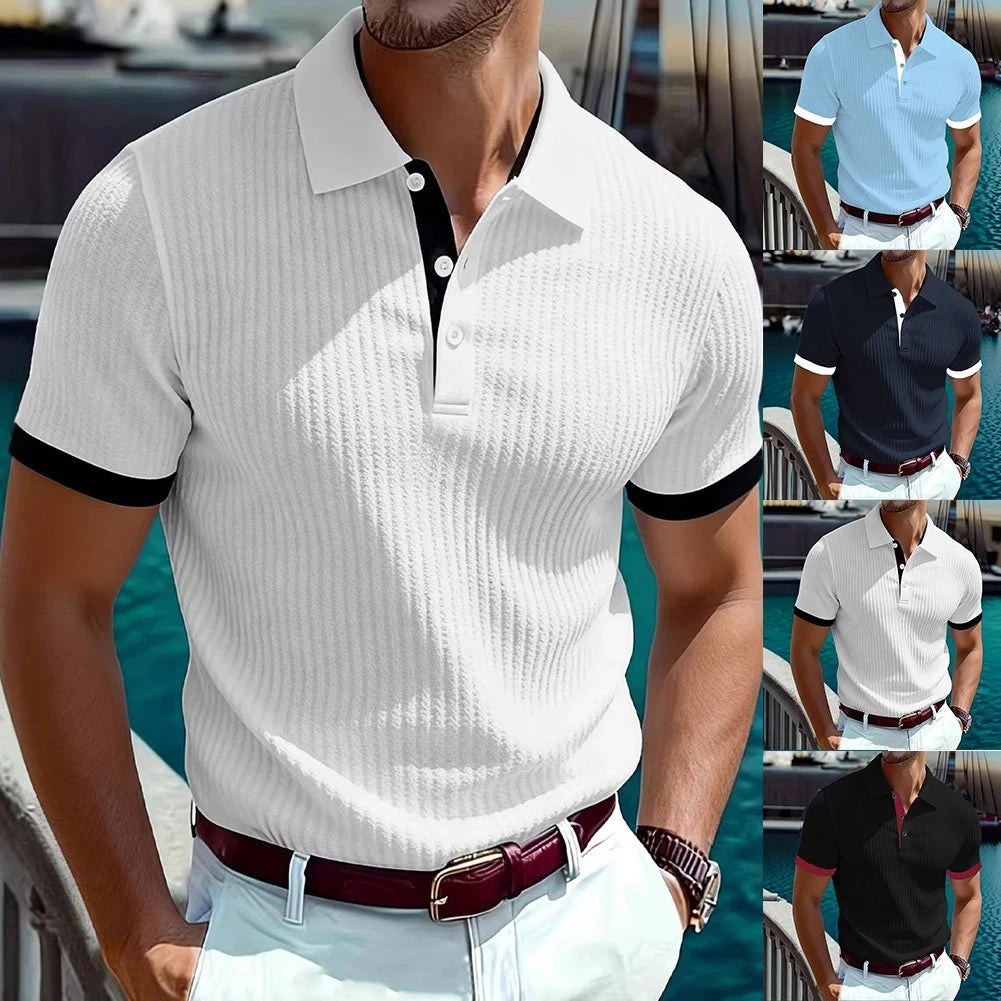 Men's Slim Fit Short Sleeve Stripe T-Shirt Turn Down Collar Pullover Streetwear