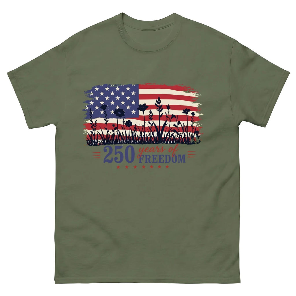 Womens-Patriotic-V-Neck-Shirt,-250-Years-of-Freedom-Floral-Tee,-America-250