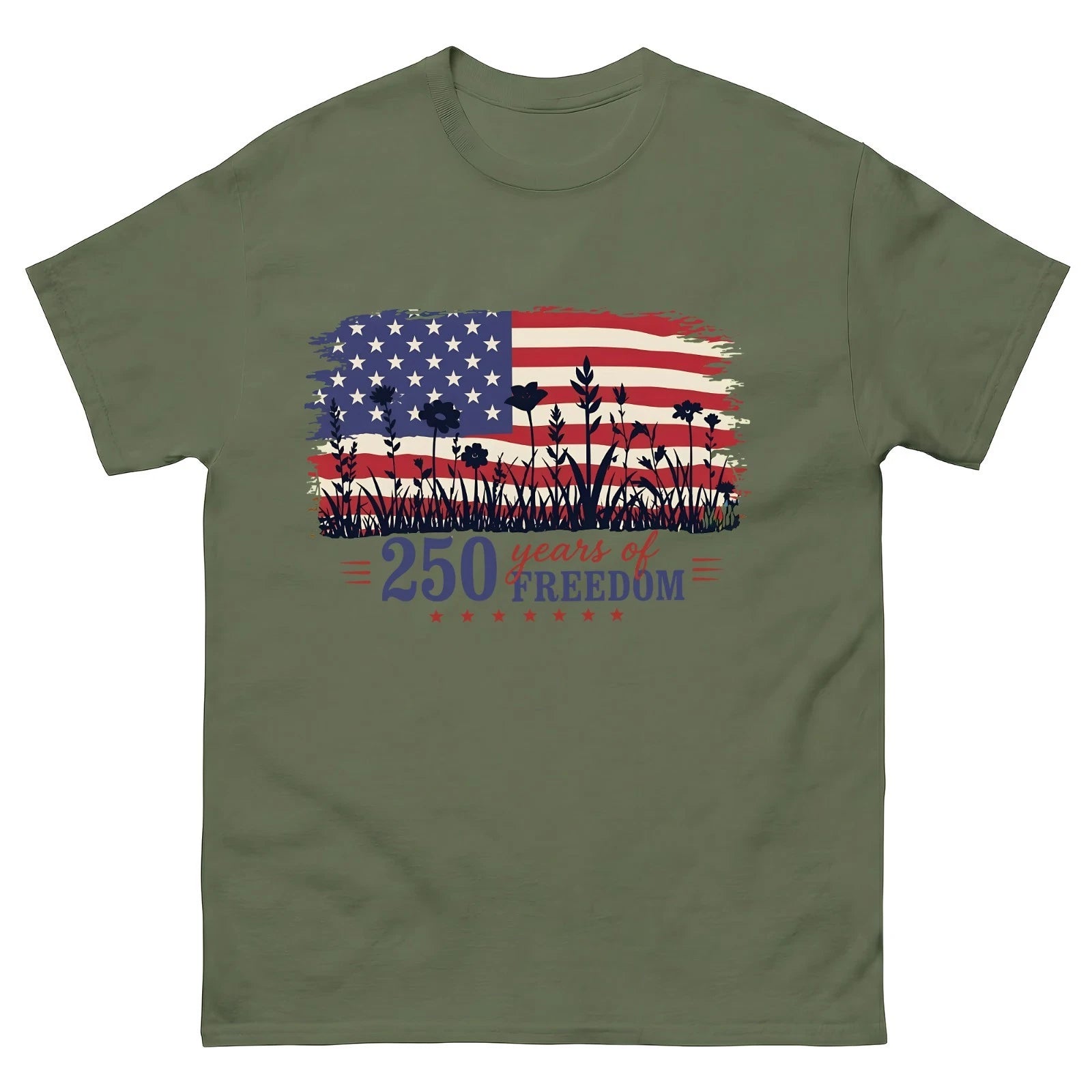Womens-Patriotic-V-Neck-Shirt,-250-Years-of-Freedom-Floral-Tee,-America-250