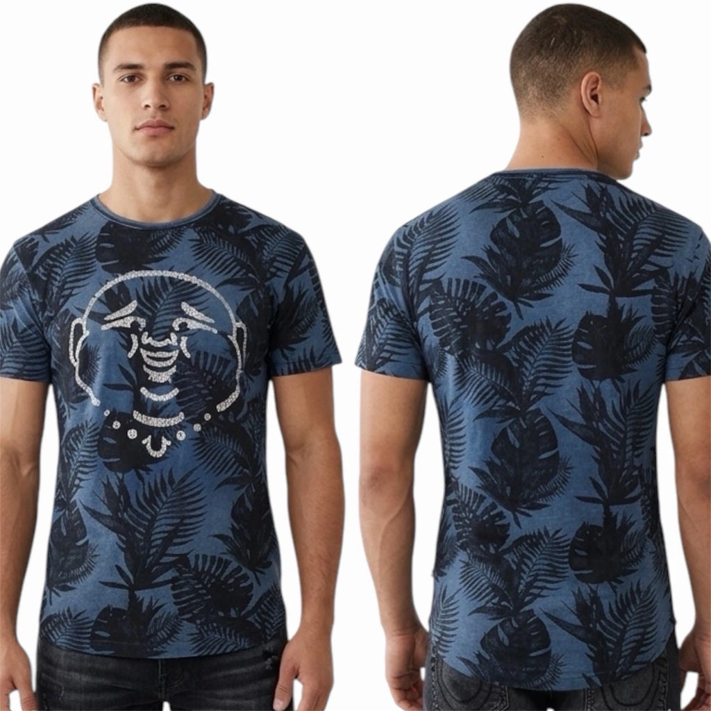 $89 TRUE RELIGION Indigo BUDDHA FACE Hawaiian Floral Graphic T-shirt NWT