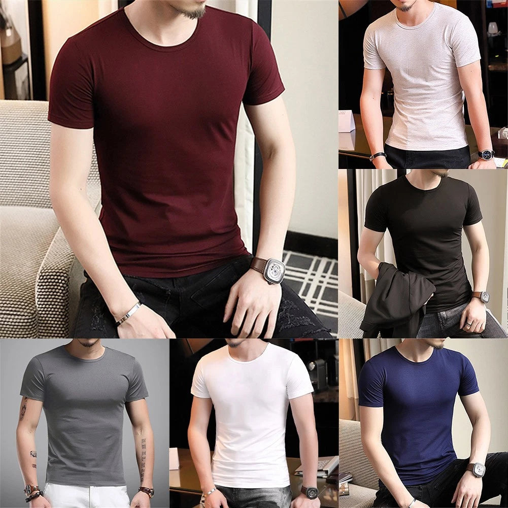 Short Sleeve Top Men Slim T-shirt Casual Outfit Short Sleeve Round Neck Slim Fit