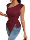 Womens Asymmetric Neck Slim Fit Cropped Solid Color Tshirt Elegant Basic8709