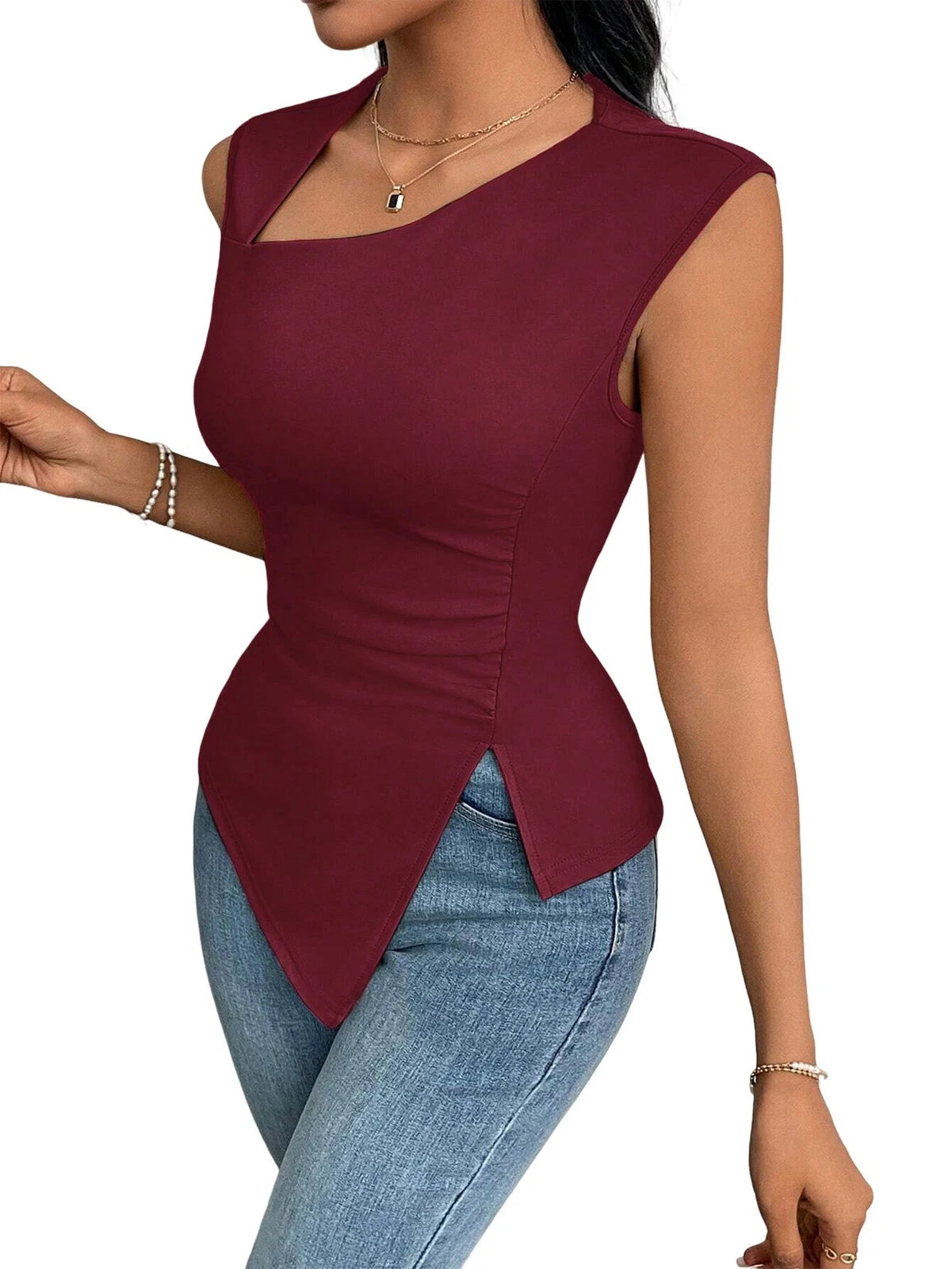 Womens Asymmetric Neck Slim Fit Cropped Solid Color Tshirt Elegant Basic8709