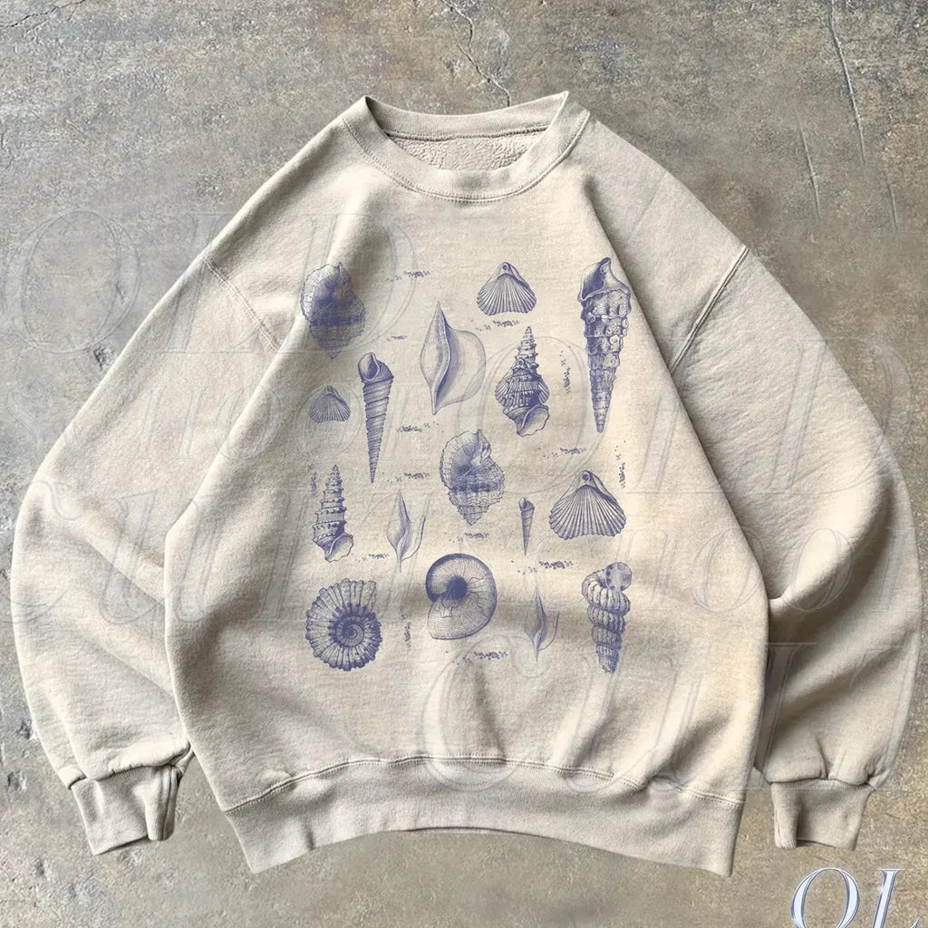 Vintage Sea Shell Tattoo Style Sweatshirt, Retro Shell Hoodie, Sea Fish