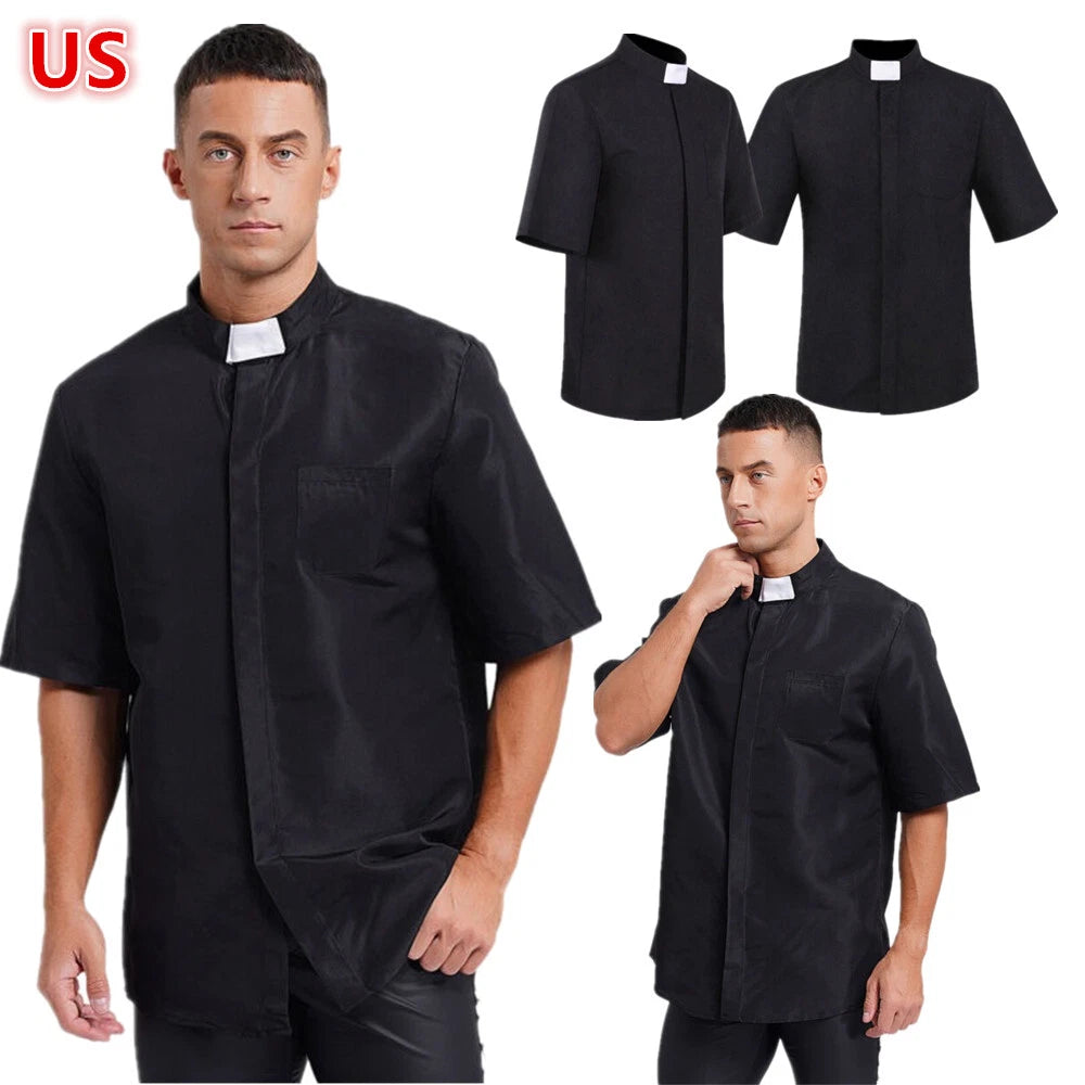 Men's Tab Collar Priest Clergy Shirt Religious Church Tops Halloween Costumes