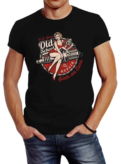 Mens T-Shirt Girls On Cars Retro Vintage Print Pin Up Girl Logo Print Slim