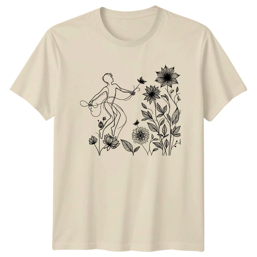 Ethereal Floral Line Art Figure Womens T-Shirt Botanical Nature Birthday Gift