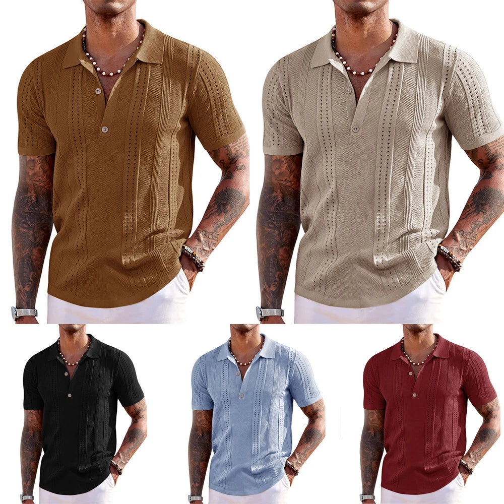 Mens Slim Fit Knitted Solid Color Collar Casual T-Shirt ☆