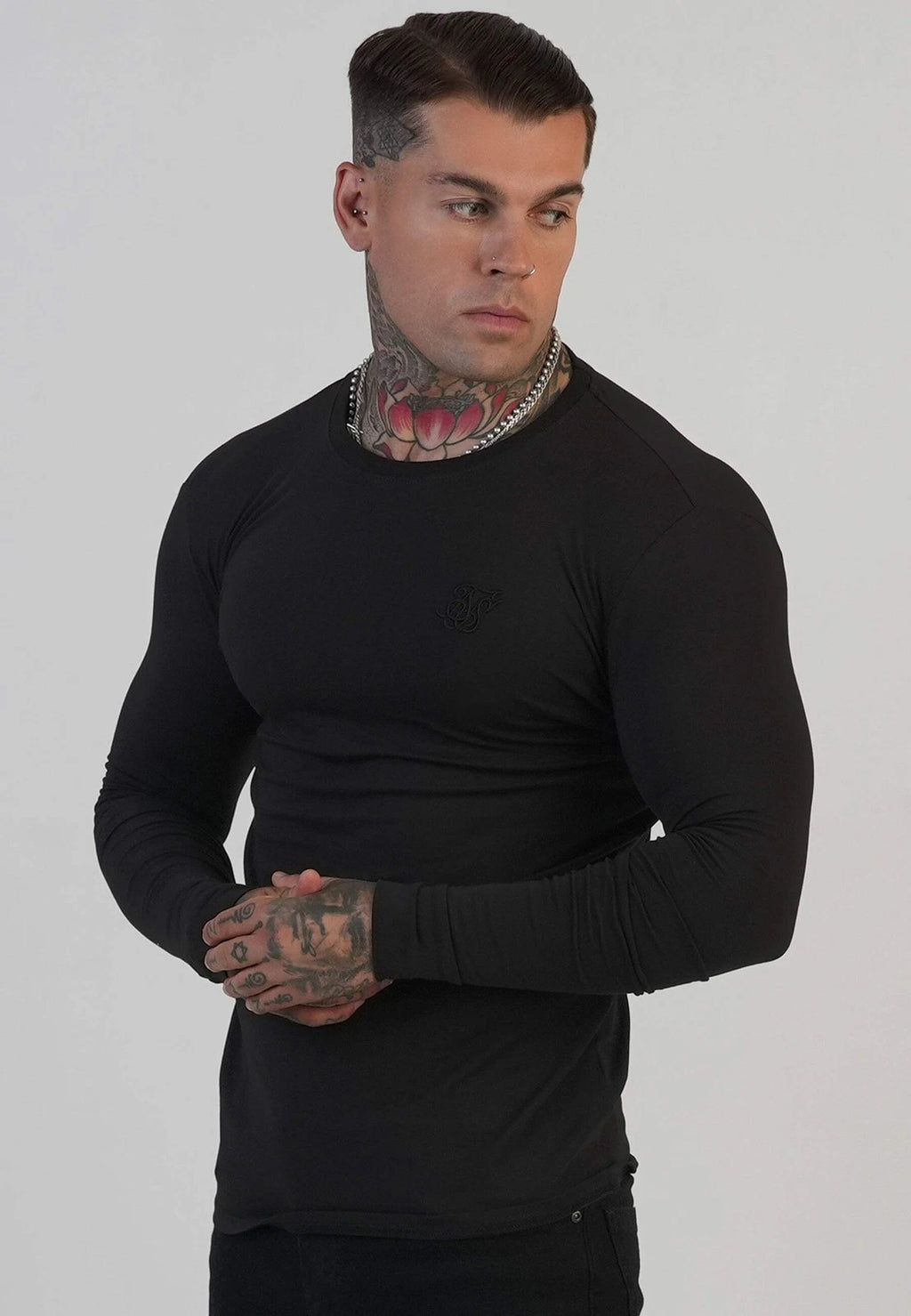 SikSilk Men's Long Sleeve Muscle Fit Crew Neck T-Shirt Tee Black