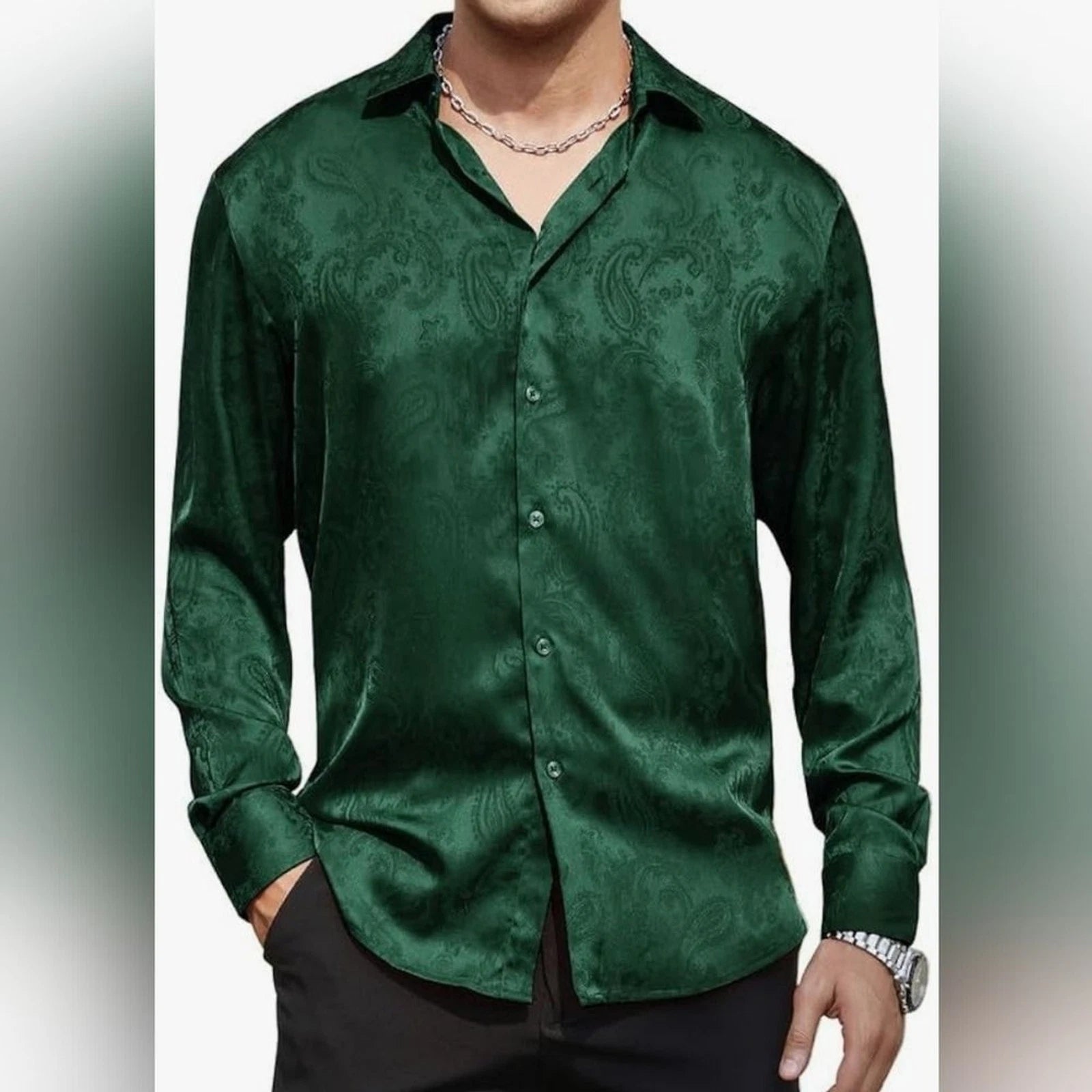 Men's Cachemir Satin Silk Dress Shirt Long Sleeve Button Down Wedding Party