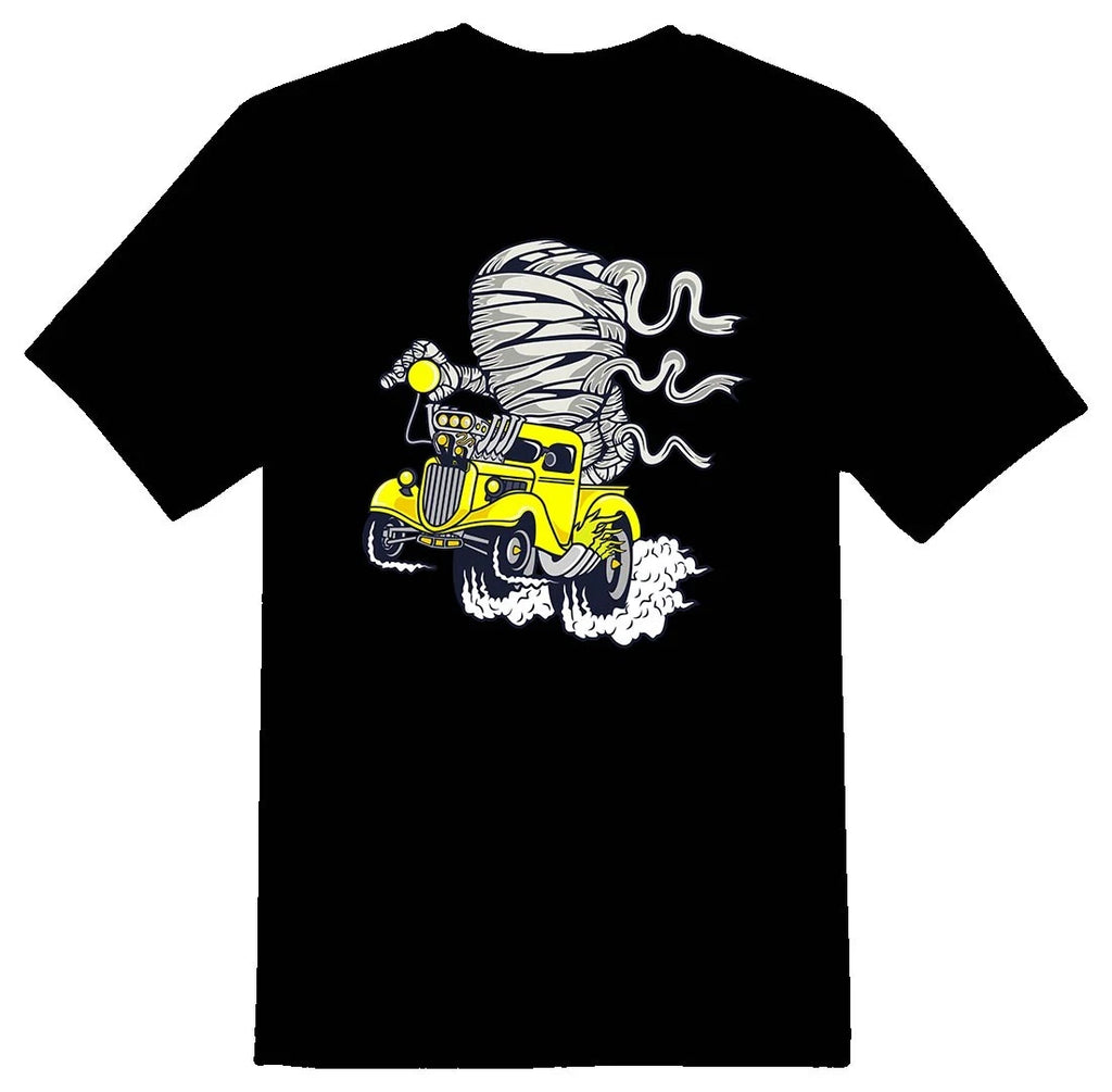 Mummy racer yellow hotrod drag  truck Tee shirt black or white