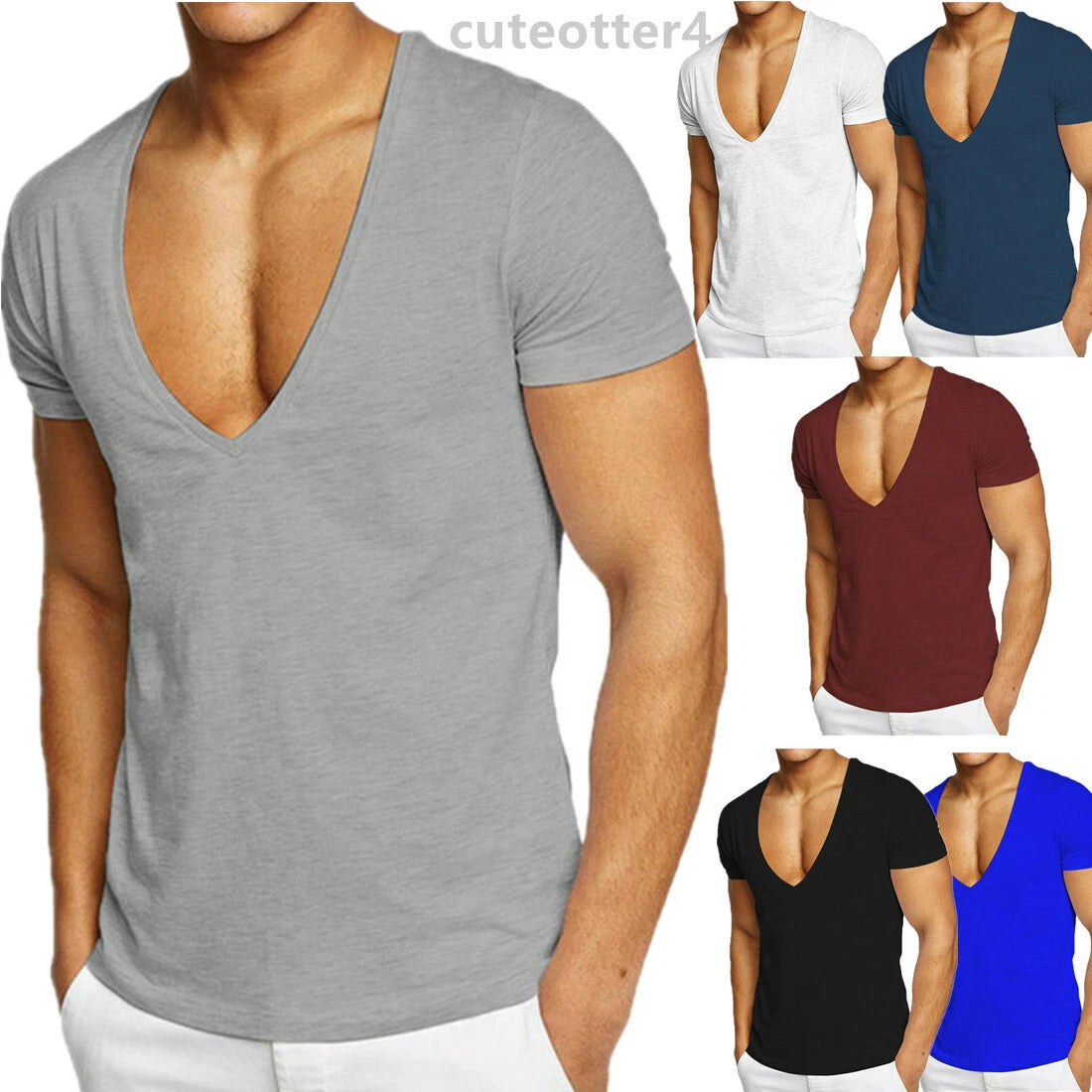 100% Cotton Men's Short Sleeve Deep V Neck T Shirt Slim Fit Clubwear Muscle Tops