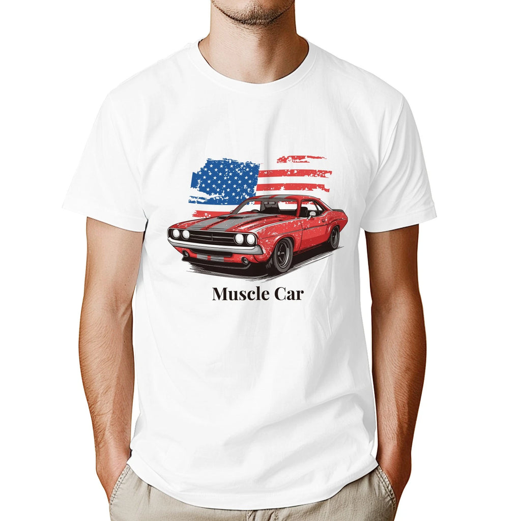 Men's American Flag Muscle Car Graphic T-Shirt Retro Car Culture Cotton Tee