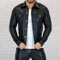 Mens Leather Shirt Genuine Black Lambskin Leather Motorcycle Button Slim Fit Jacket