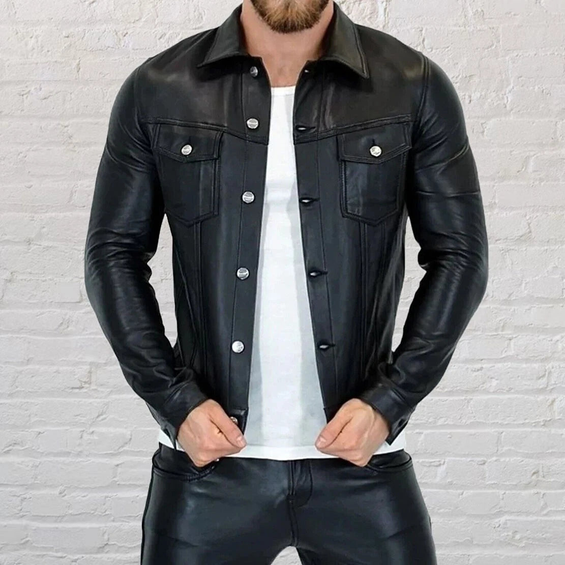 Mens Leather Shirt Genuine Black Lambskin Leather Motorcycle Button Slim Fit Jacket