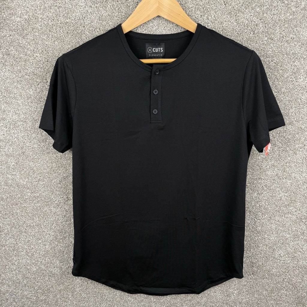Cuts Clothing Mens Medium Black Elongated Hem Henley 4-Way Stretch T-Shirt