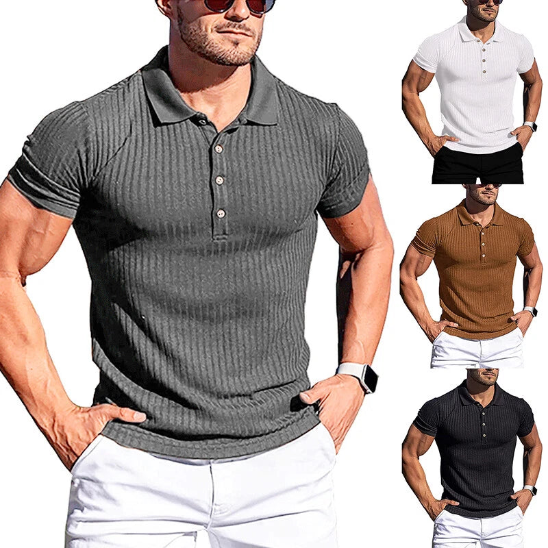 Men Ribbed Muscle Stretch Slim Fit Short Sleeve T Shirt Collar Casual Top Summ