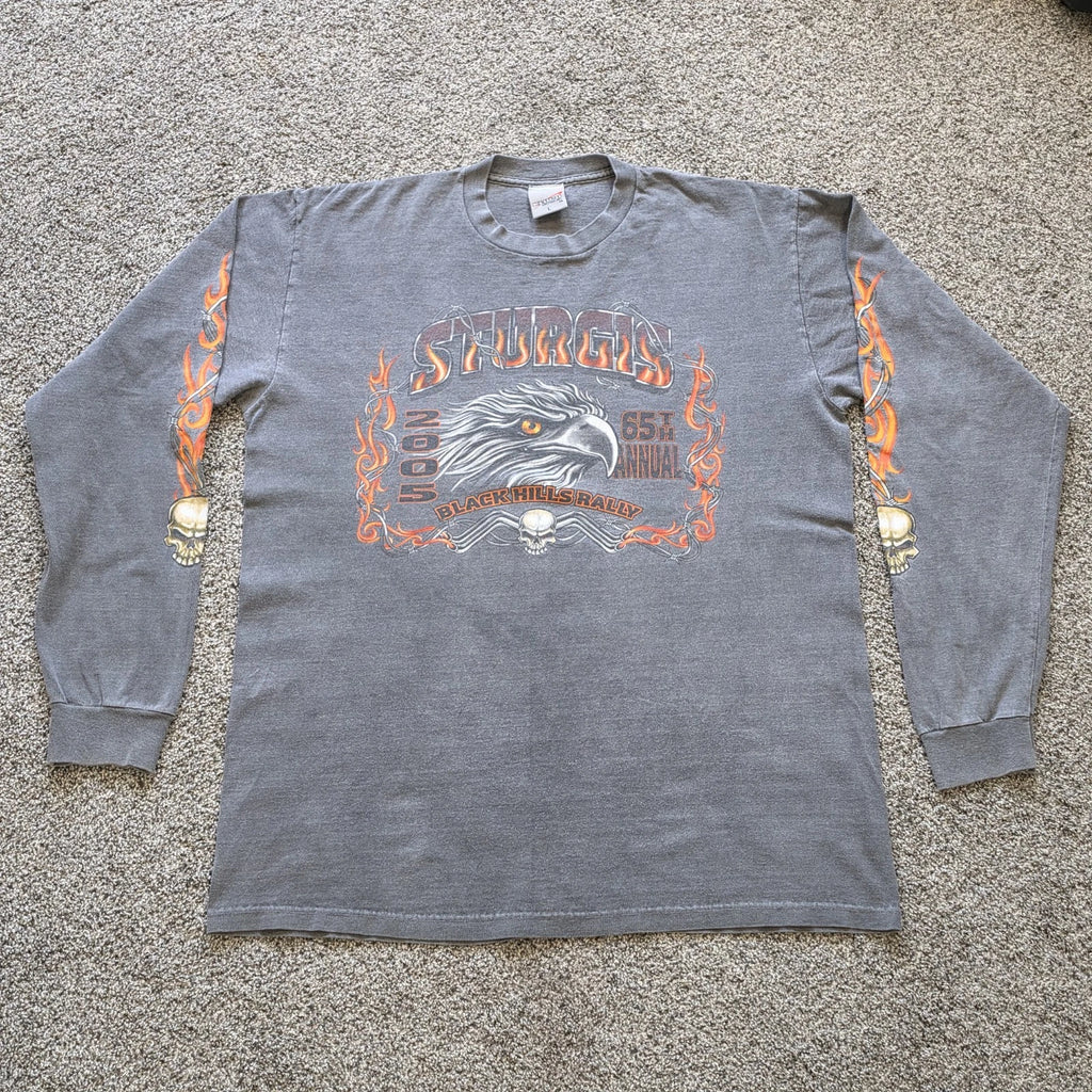 Vintage Sturgis 2005 Black Hills Rally Flame Skull Long Sleeve Shirt Size LARGE