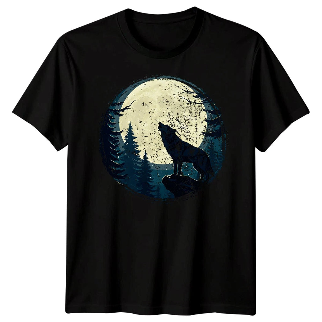 Moonlit Howling Wolf Fantasy Mens Cotton T-Shirt Nature Outdoor Adventure Gift