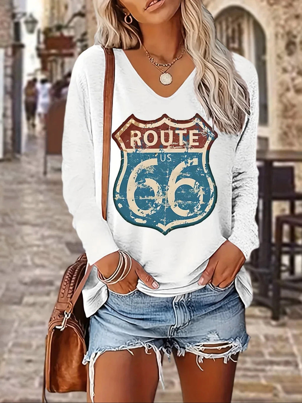 new Women's Route 66 Vintage Print V-Neck Long Sleeve T-Shirt – Casual Loose