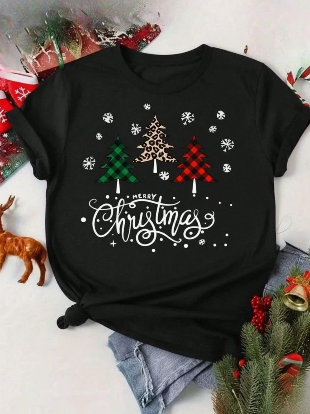 Christmas Trees Graphic T-Shirt Merry Christmas Plaid Leopard Tee Unisex