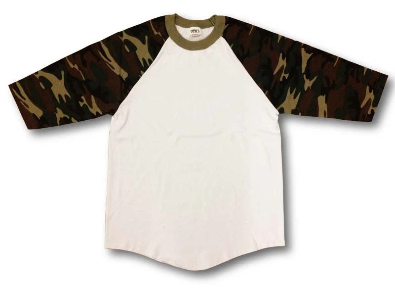New Shaka Baseball Plain Shirt Raglan 3/4 Sleeve White Camo Camouflage White