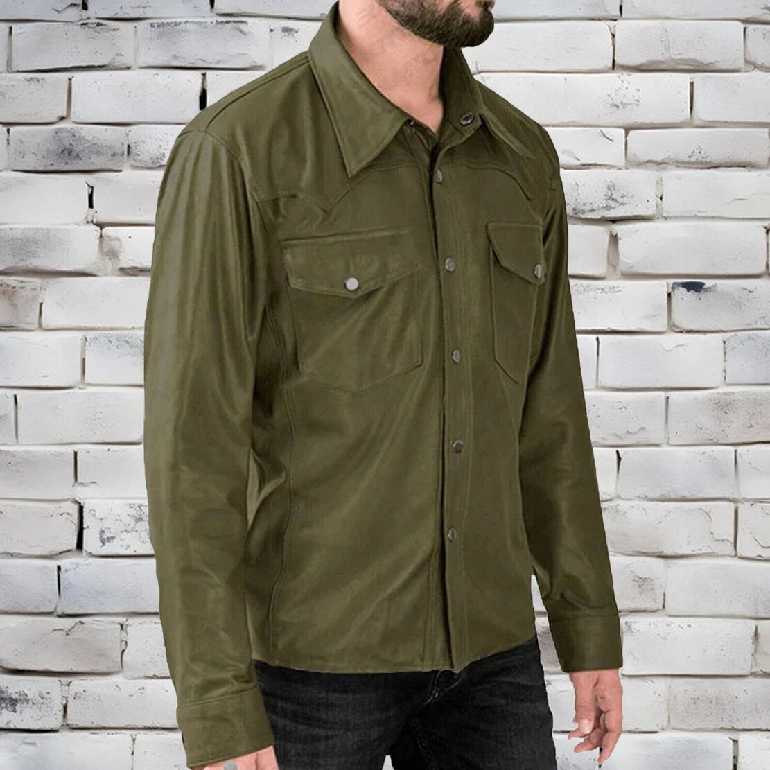 Men's Genuine Green Lambskin Real Leather Waxed Shirt Jacket Slim fit Biker