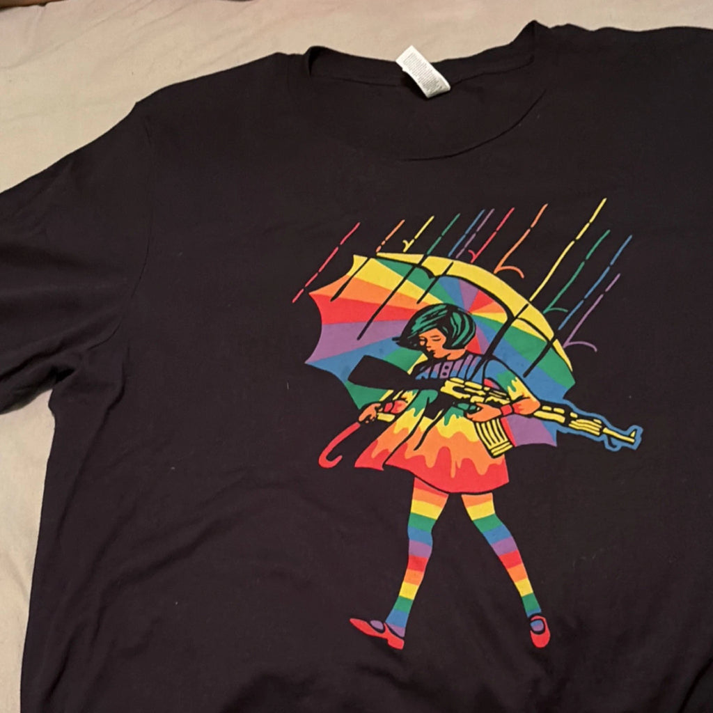 Men's Black Graphic Print Crew Neck T-Shirt Size L Short Sleeve Rainbow
