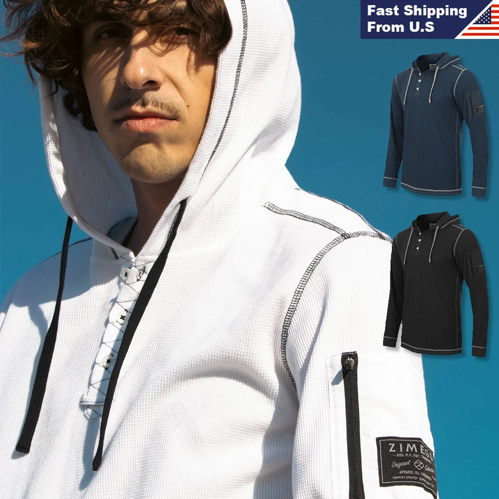 ZIMEGO Mens Thermal Long Pocket Sleeve Lightweight Casual Fashion Hooded Henley