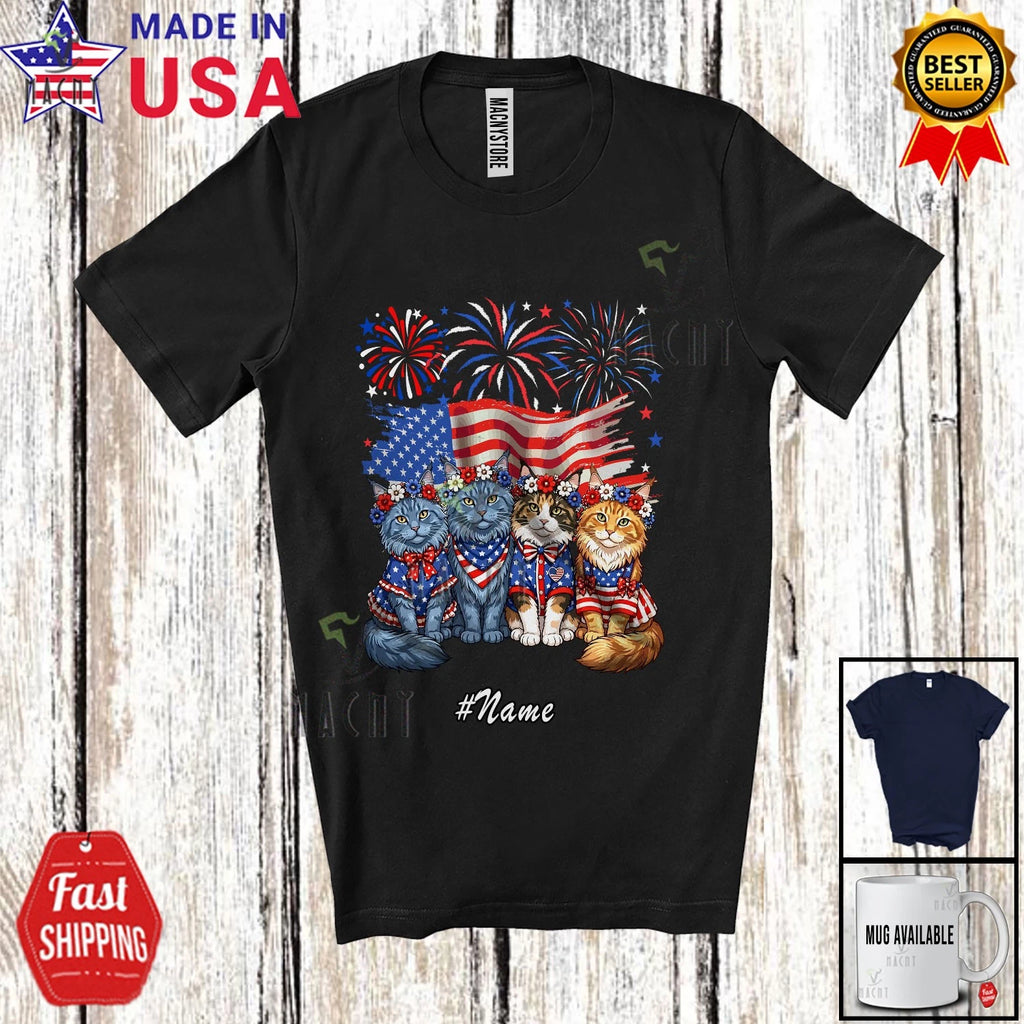 Custom Name Four Maine Coon Cat Floral; 4th Of July US Flag Patriotic T-Shirt