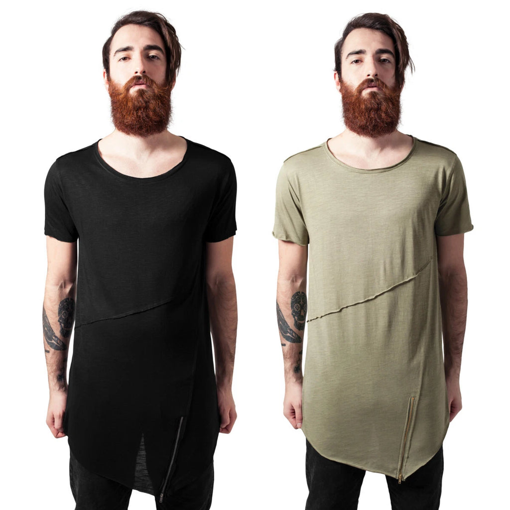 Urban Classics Long Open Edge Front Zip Tee Mens T-Shirt Cotton Slub Jersey