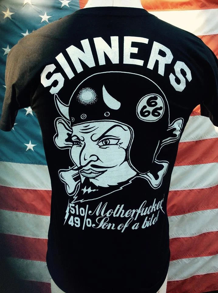 SINNERS BIKER DEVIL HELMET SHIRT old school punk retro vtg Chopper Motorcycle