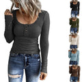 Women Button V-Neck Shirts Slim-Fit Shirts Top Female Long-Sleeve T-Shirt