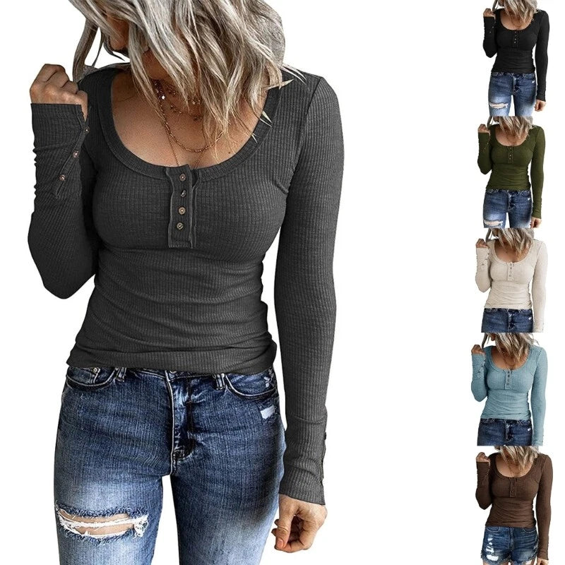 Women Button V-Neck Shirts Slim-Fit Shirts Top Female Long-Sleeve T-Shirt