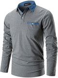 Polo Shirt Mens Long Sleeve Basic Polo Shirt Denim Sewing Casual Cotton Gol...