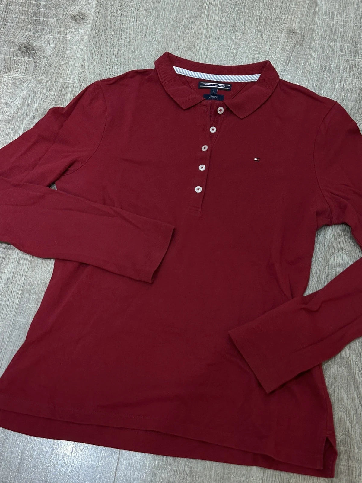 Tommy Hilfiger Women's Long Sleeve Polo Shirt Burgundy Slim Fit Size XL / L