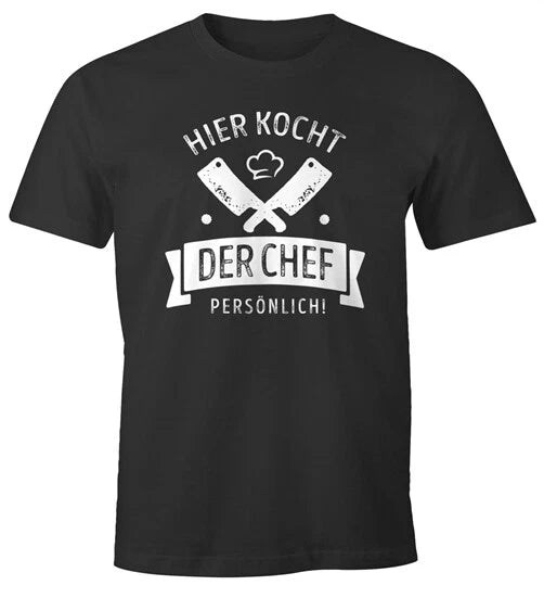 Mens T-Shirt Chef With Slogan Funny Here The Chef Cooks Personal Fun Shirt