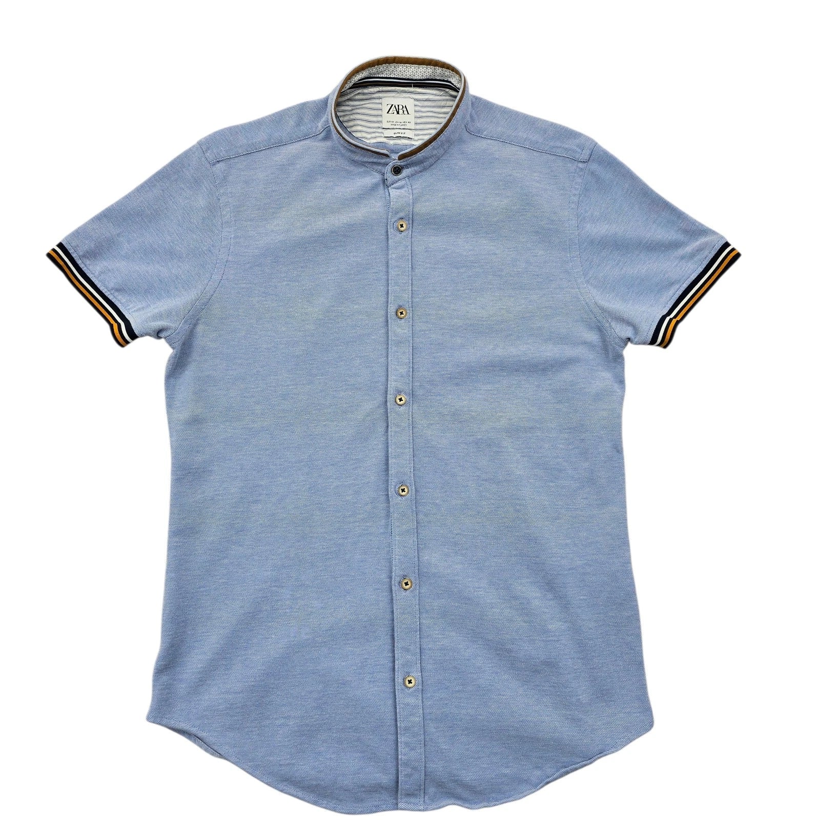 Zara Men Light Blue Slim Fit Cotton Grandad Button-Up Shirt Size S Excellent