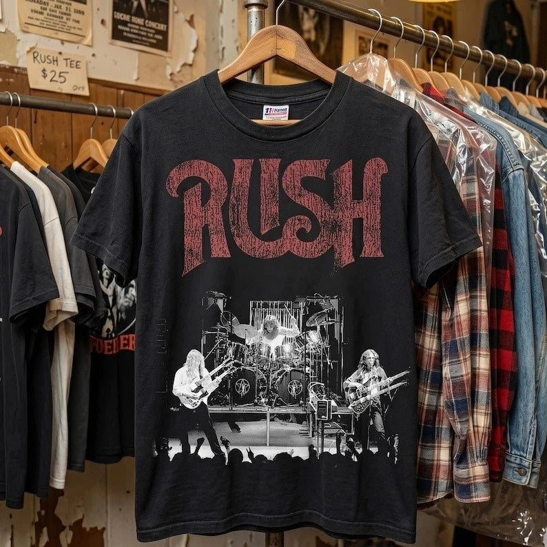 HOT Rush Band Shirt Vintage Black Distressed Red Logo Reprint
