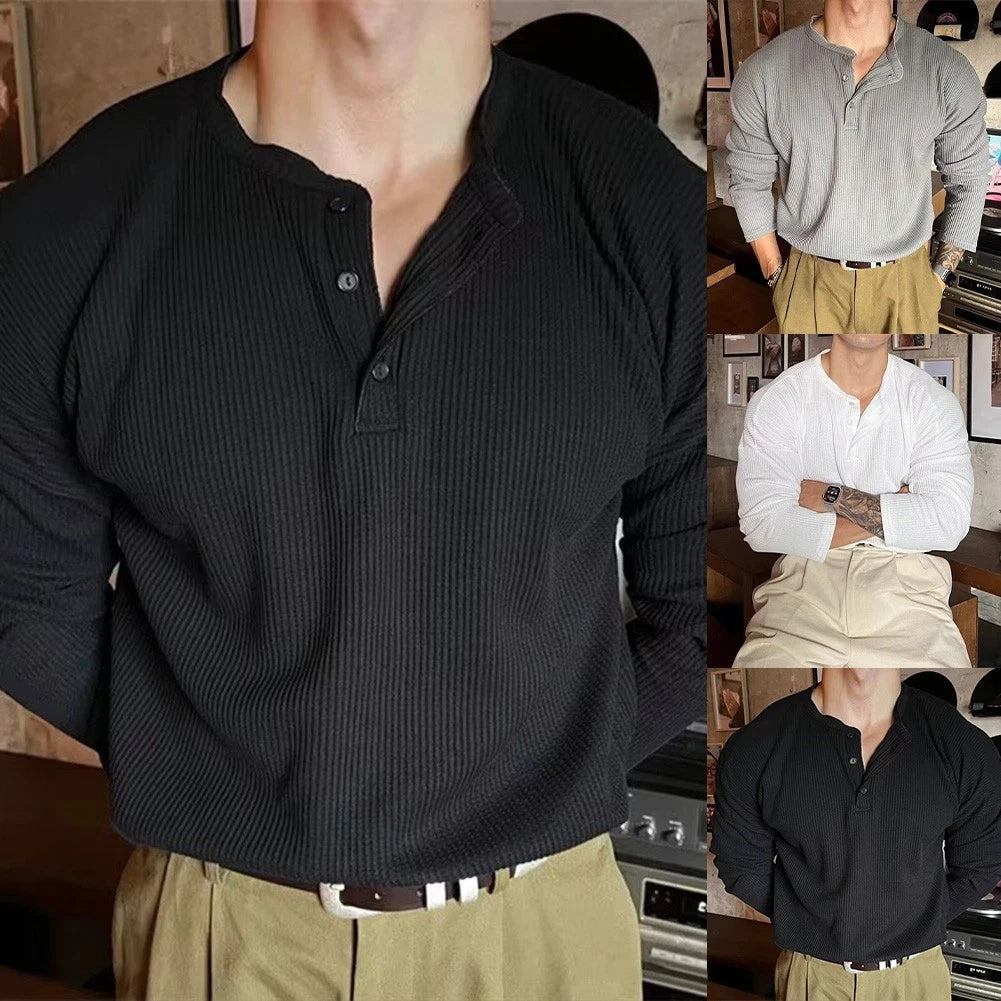 Men Long Sleeve V Neck Ribbed Slim Fit Stretch T Shirt for Gym Training Use