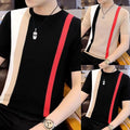 Men Slim Fit Tee Casual Wear Korean Style Stripe Pattern Round Neck Short Sleeve
