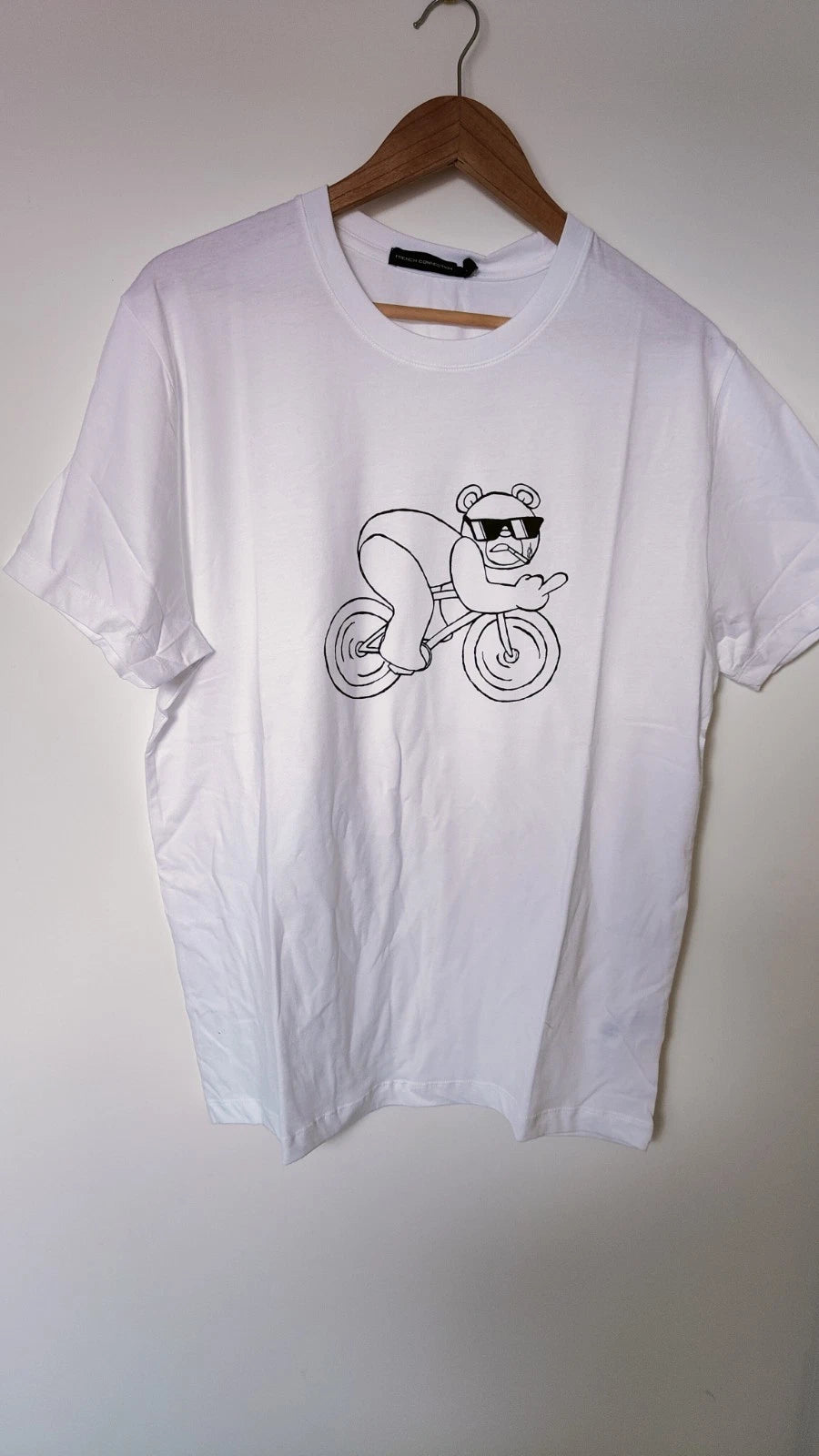 White Oversized Small French Connection T-shirt With Cheeky Bike Riding Bear New