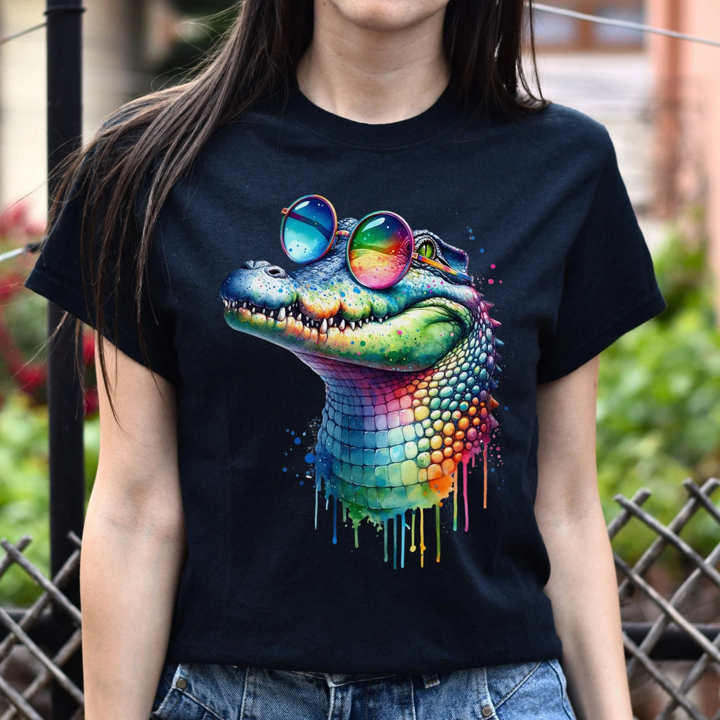 Cool crocodile with eyeglasses Color Splash Unisex T-shirt Black Navy Dark Heath