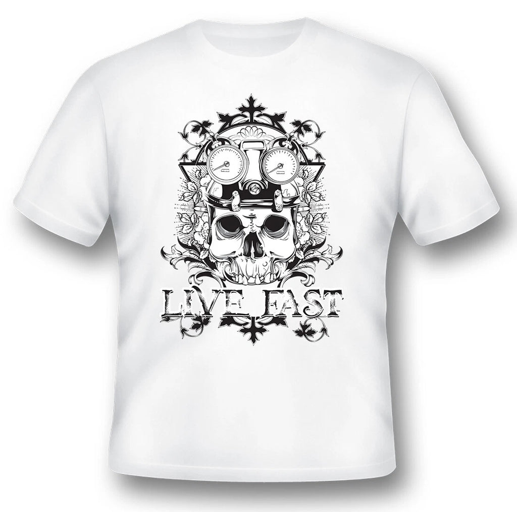 Live fast speedometer and skulls biker black or white tee shirt motorcycle