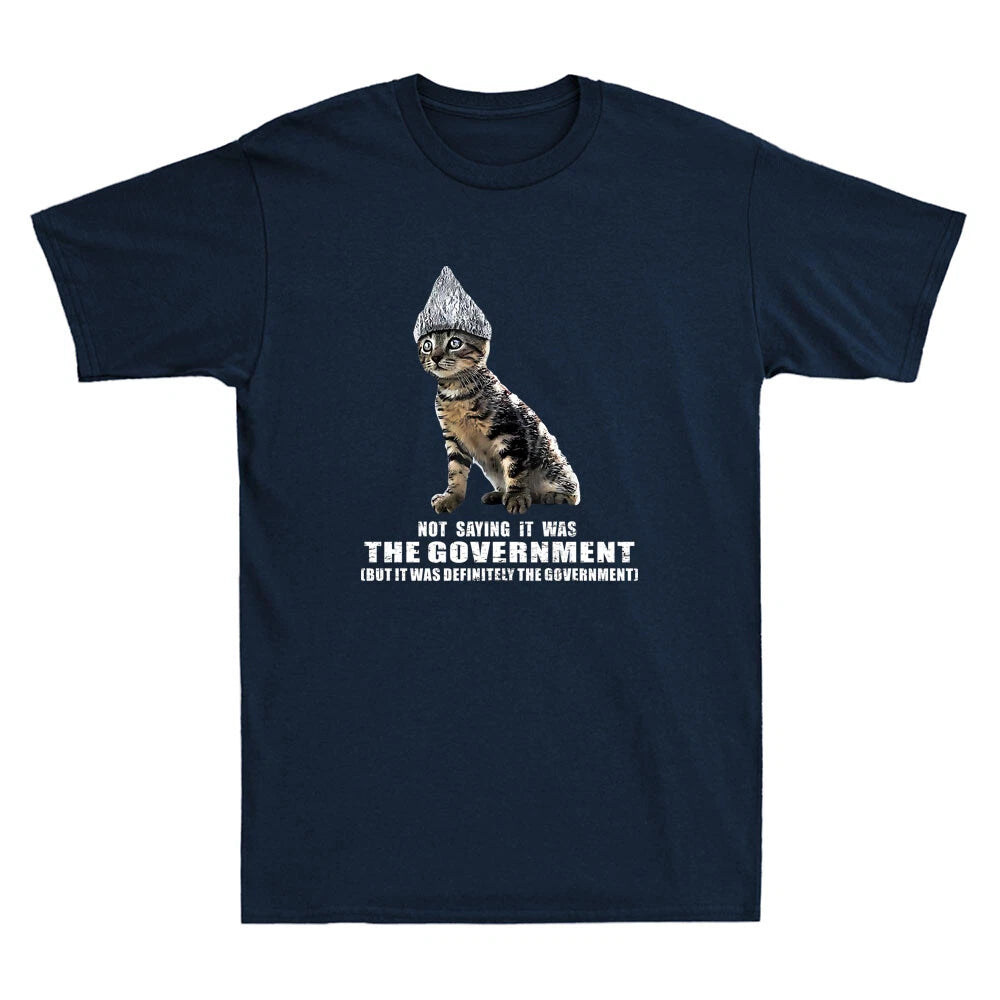 Government Conspiracy Funny Tin Foil Hat Cat Meme Quote Vintage Men's T-Shirt