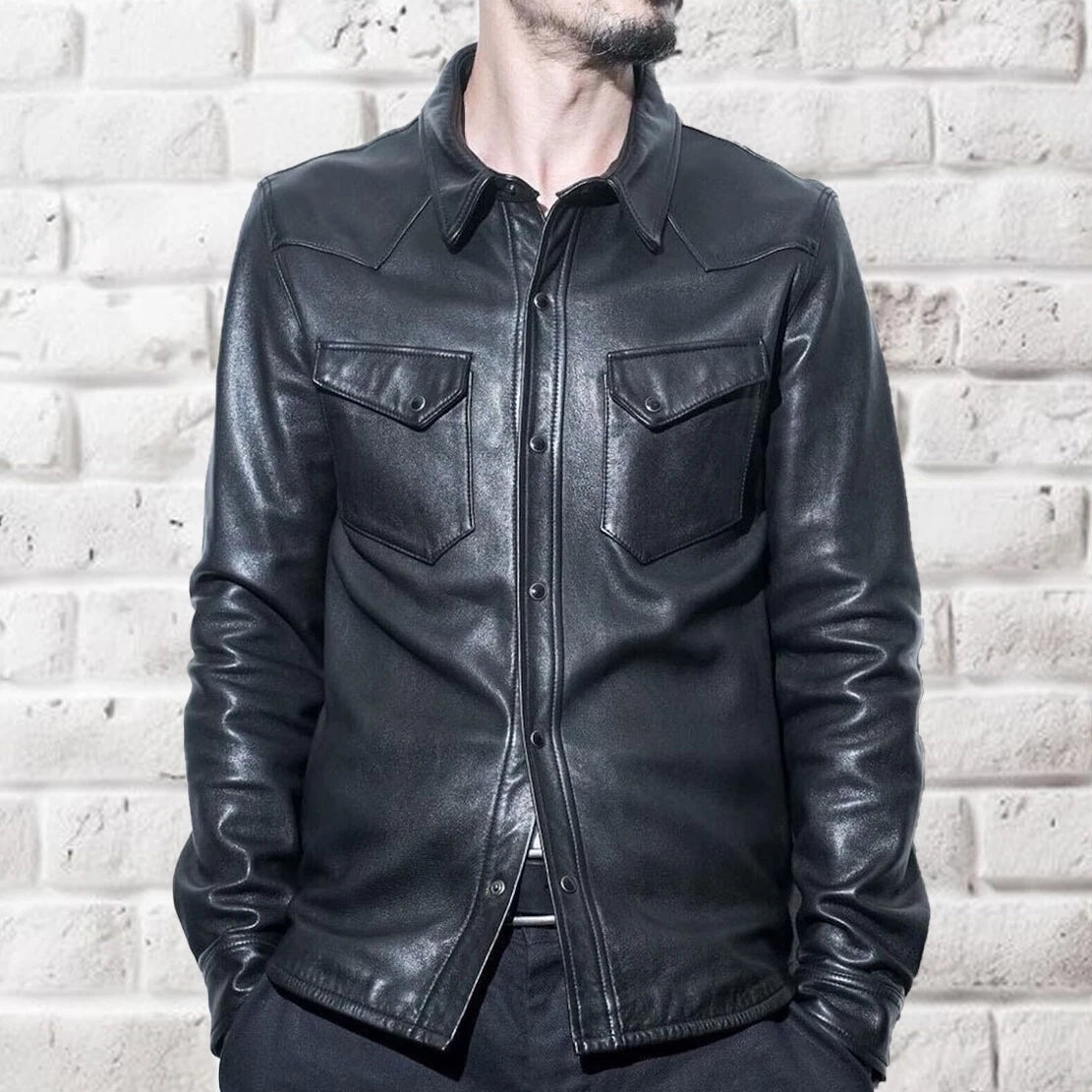 Men's Fashion Black Lambskin Leather Shirt Jacket Button Closure Slim Fit