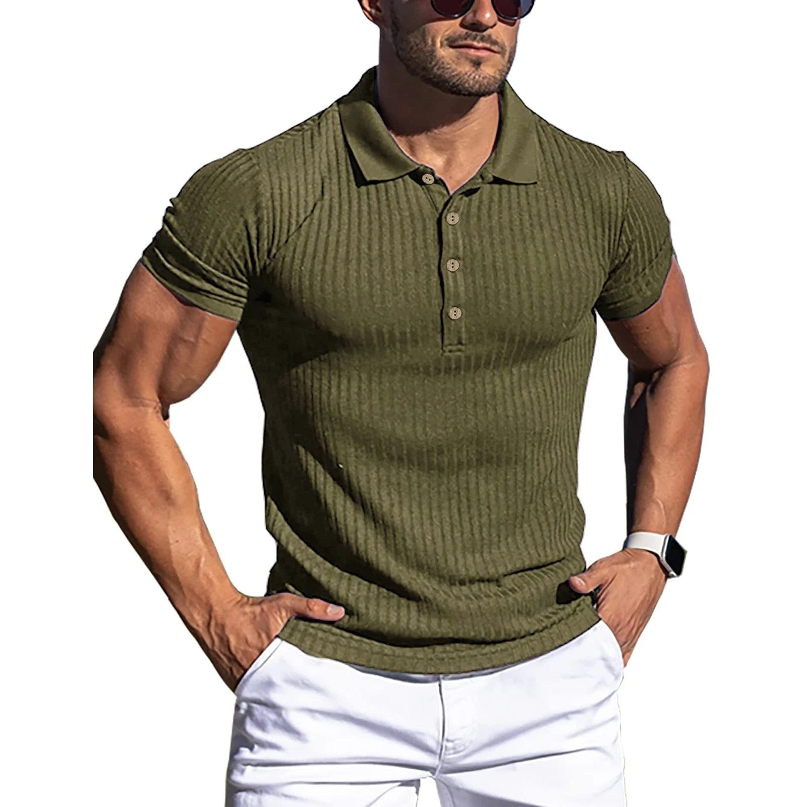 ］Men Short Sleeve Muscle Shirts Turn Down Collar Pure Color Striped Slim Fitting