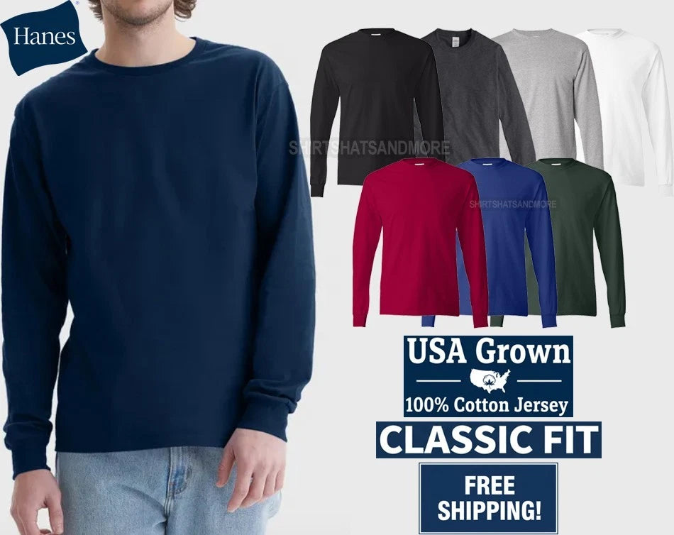 Hanes Mens Long Sleeve 100% USA Grown Cotton T-Shirt Classic Fit Tee S-3XL NEW!